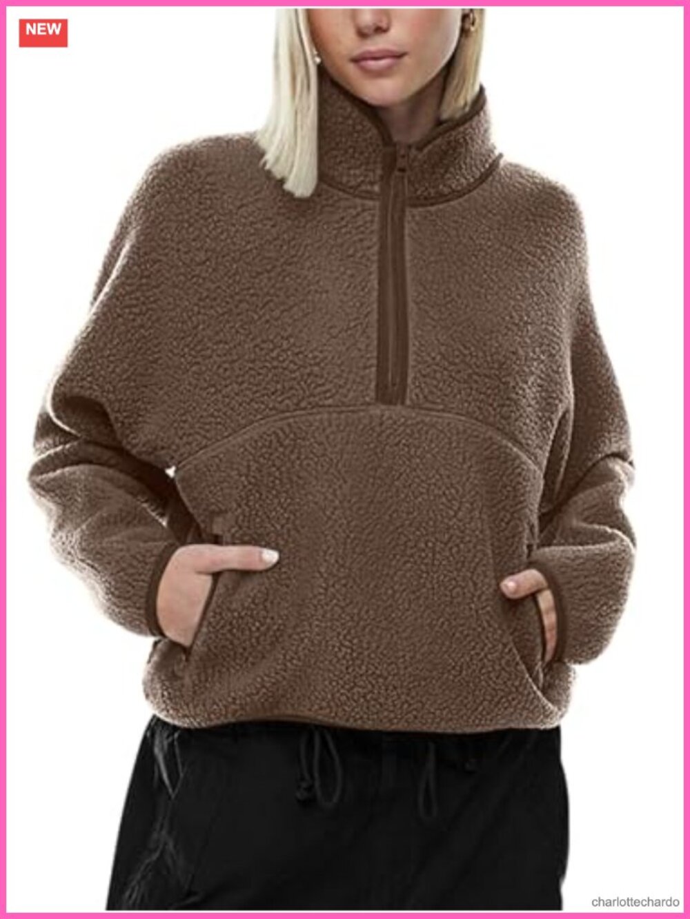 Women's Half Zip Sherpa Fleece Jacket Faux Leather Piping Funnelneck